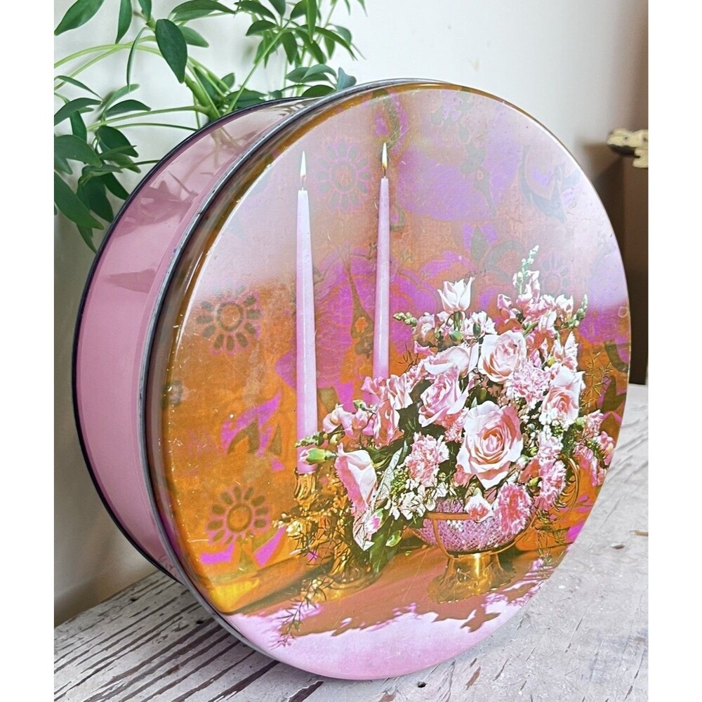 Vintage Pink Round Metal Floral Storage Tin W/ Bouquet And Candles 10” Retro